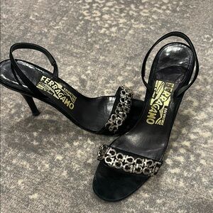 Salvatore Ferragamo Black and Silver Heels with Elegant Design